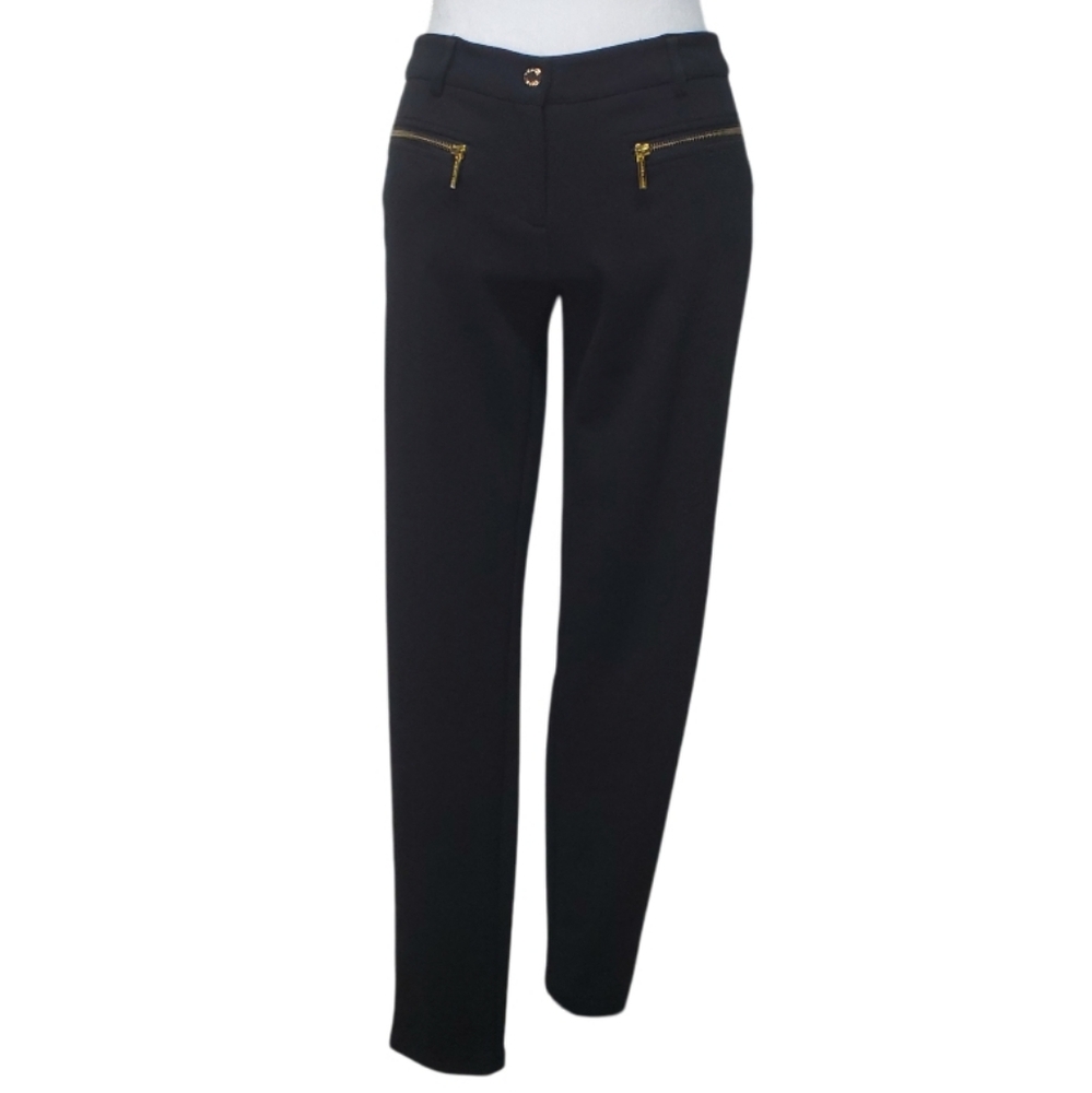 Michael Kors Black Ponte Skinny Pants w Goldtone Horizontal Front Pockets Size 4